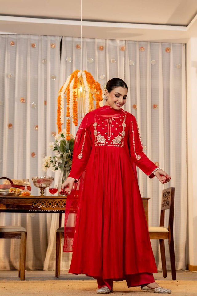 Red Sequin with Embroidered Chanderi Anarkali Suits