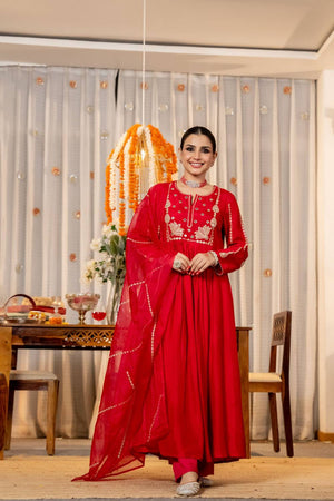 Red Sequin with Embroidered Chanderi Anarkali Suits