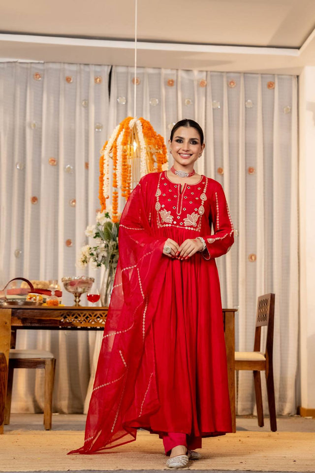 Red Sequin with Embroidered Chanderi Anarkali Suits