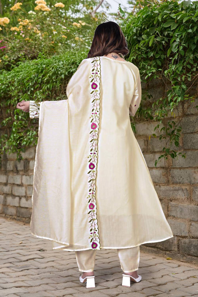 Cream Sequin with Embroidered Chanderi Anarkali Suits