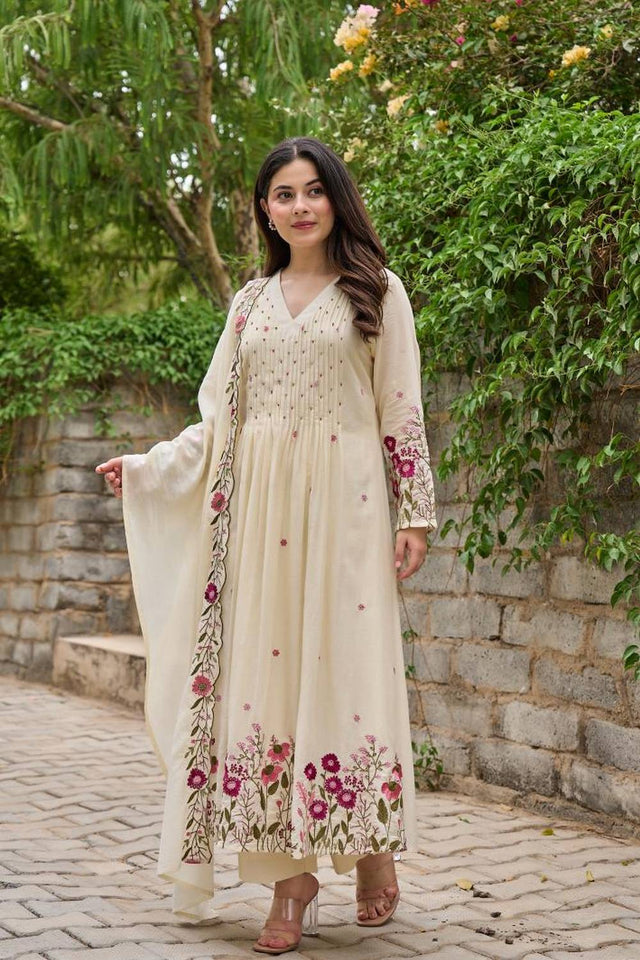 Cream Sequin with Embroidered Chanderi Anarkali Suits