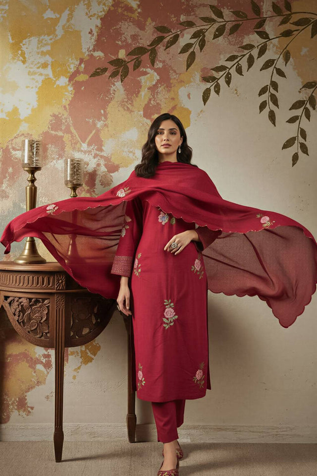 Maroon Floral Embroidered Chanderi Straight Cut Suits