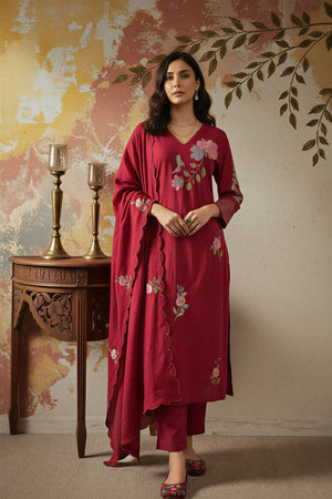 Maroon Floral Embroidered Chanderi Straight Cut Suits