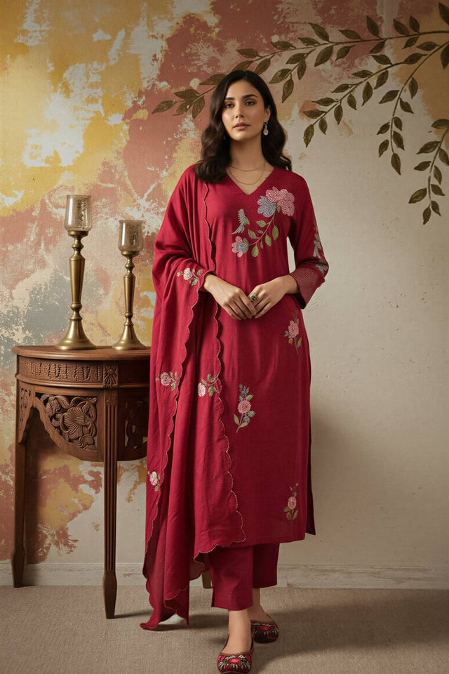 Maroon Floral Embroidered Chanderi Straight Cut Suits
