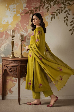 Green Floral Embroidered Chanderi Straight Cut Suits