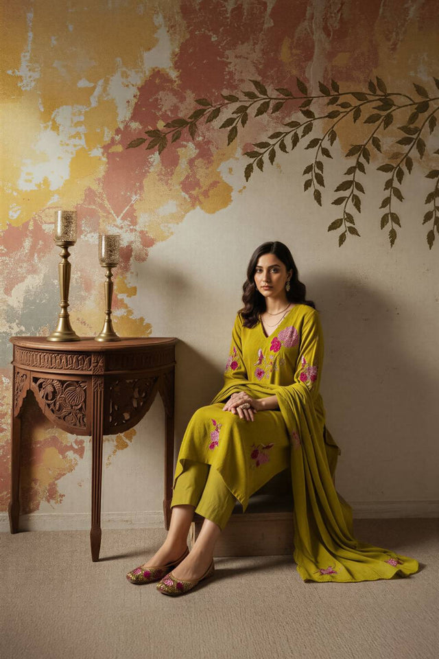 Green Floral Embroidered Chanderi Straight Cut Suits