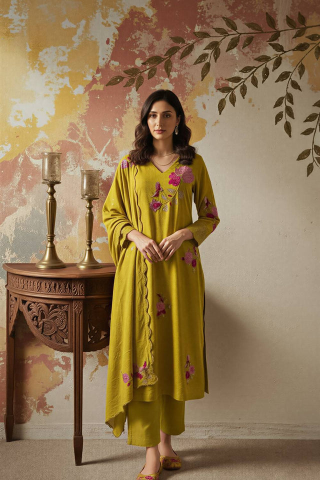 Green Floral Embroidered Chanderi Straight Cut Suits