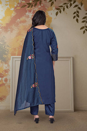 Blue Floral Embroidered Chanderi Straight Cut Suits