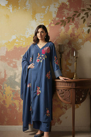 Blue Floral Embroidered Chanderi Straight Cut Suits