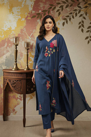 Blue Floral Embroidered Chanderi Straight Cut Suits