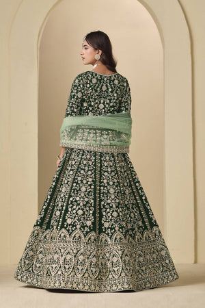 Green Floral Embroidered Velvet Gown