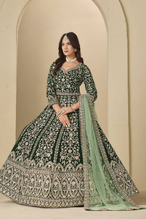 Green Floral Embroidered Velvet Gown