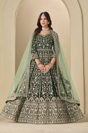 Green Floral Embroidered Velvet Gown