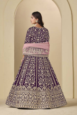 Wine Floral Embroidered Velvet Gown