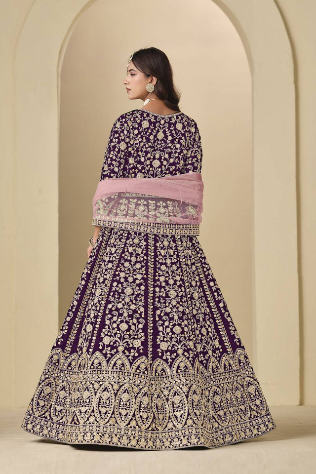 Wine Floral Embroidered Velvet Gown