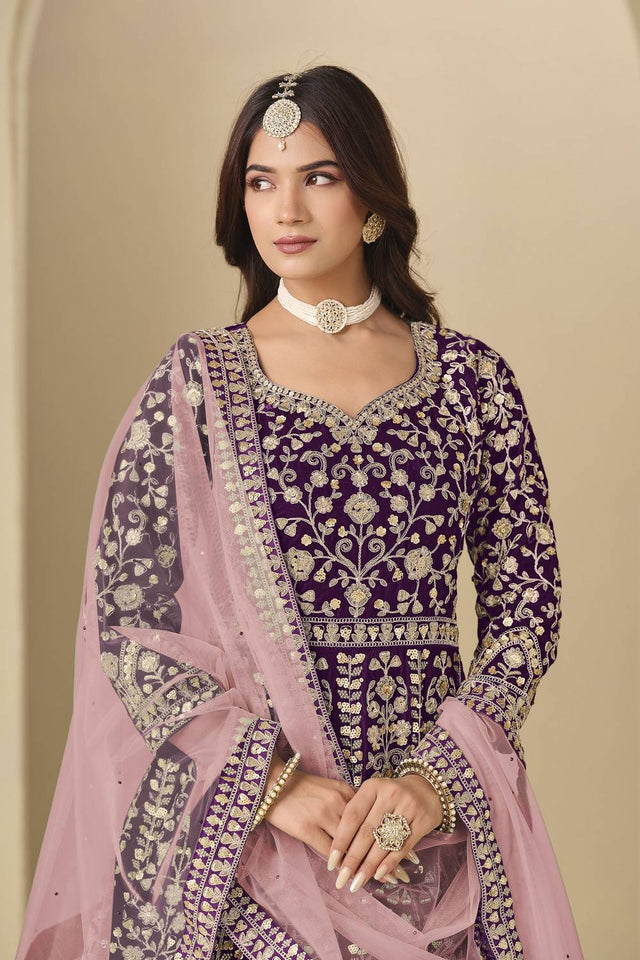 Wine Floral Embroidered Velvet Gown