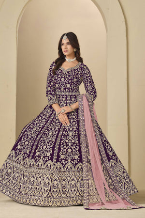 Wine Floral Embroidered Velvet Gown