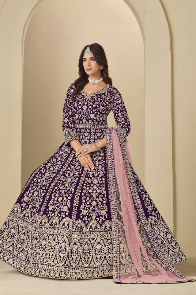 Wine Floral Embroidered Velvet Gown