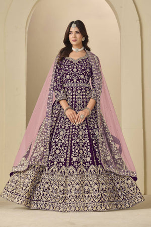 Wine Floral Embroidered Velvet Gown