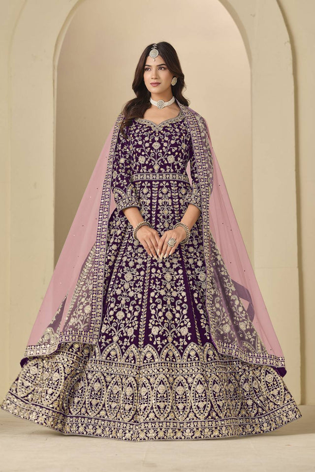 Wine Floral Embroidered Velvet Gown