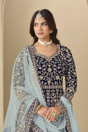 Blue Floral Embroidered Velvet Gown