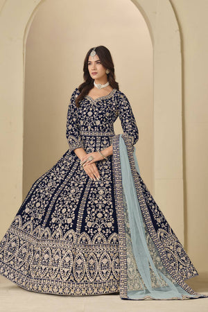 Blue Floral Embroidered Velvet Gown