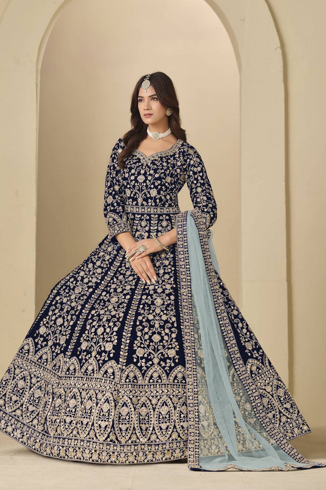 Blue Floral Embroidered Velvet Gown