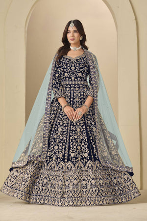 Blue Floral Embroidered Velvet Gown