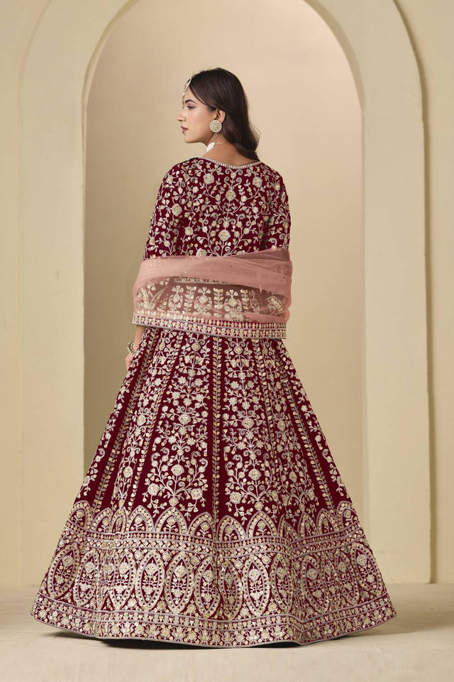 Maroon Floral Embroidered Velvet Gown