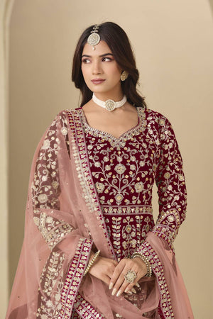 Maroon Floral Embroidered Velvet Gown