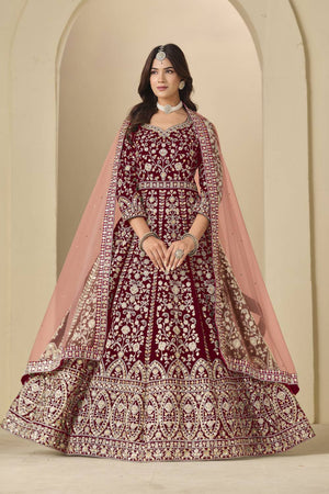 Maroon Floral Embroidered Velvet Gown