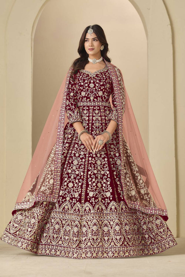 Maroon Floral Embroidered Velvet Gown