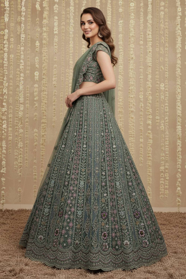 Green Sequin with Embroidered Net Lehenga