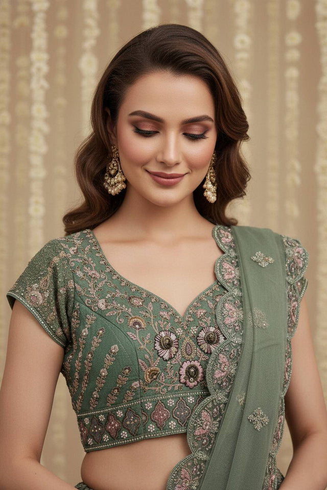 Green Sequin with Embroidered Net Lehenga