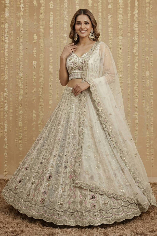 White Sequin with Embroidered Net Lehenga