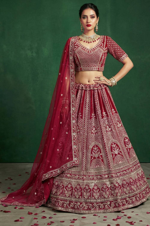 Red Sequin with Embroidered Satin Lehenga