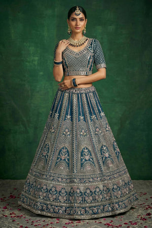 Turquoise Sequin with Embroidered Satin Lehenga