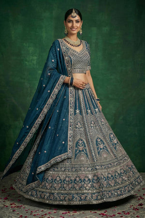Turquoise Sequin with Embroidered Satin Lehenga