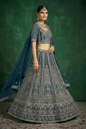 Turquoise Sequin with Embroidered Satin Lehenga