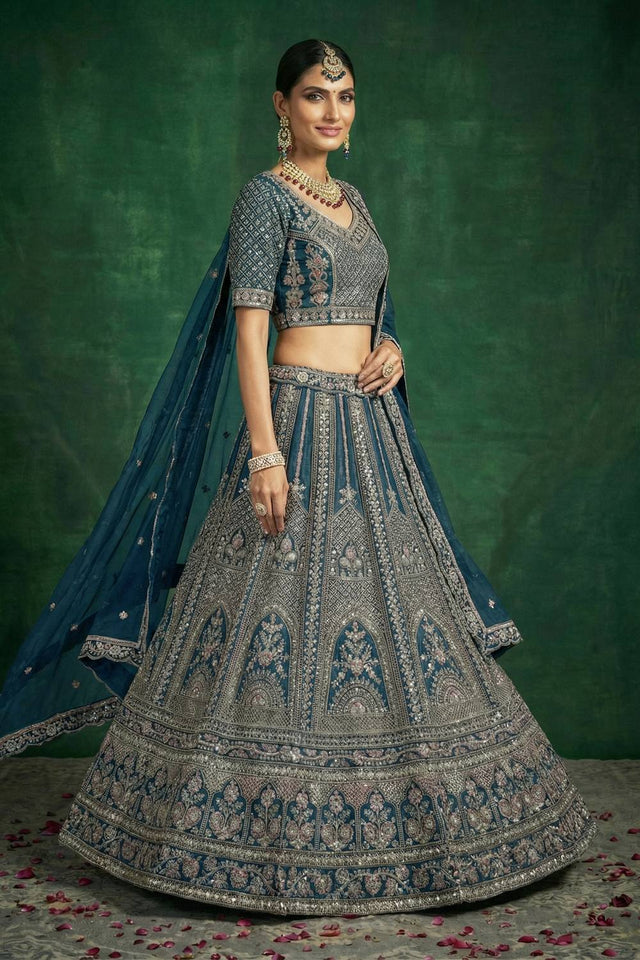 Turquoise Sequin with Embroidered Satin Lehenga