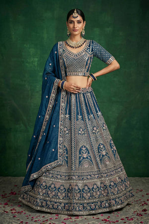 Turquoise Sequin with Embroidered Satin Lehenga
