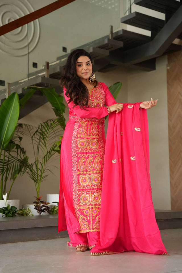 Orange Sequin with Embroidered Chinon Straight Cut Suits