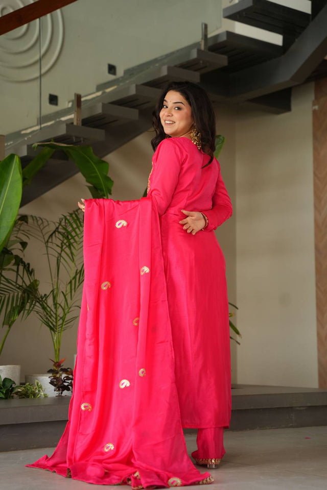 Orange Sequin with Embroidered Chinon Straight Cut Suits