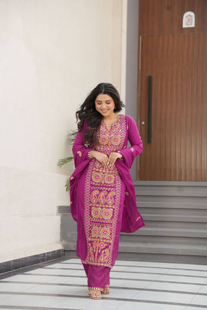 Magenta Sequin with Embroidered Chinon Straight Cut Suits