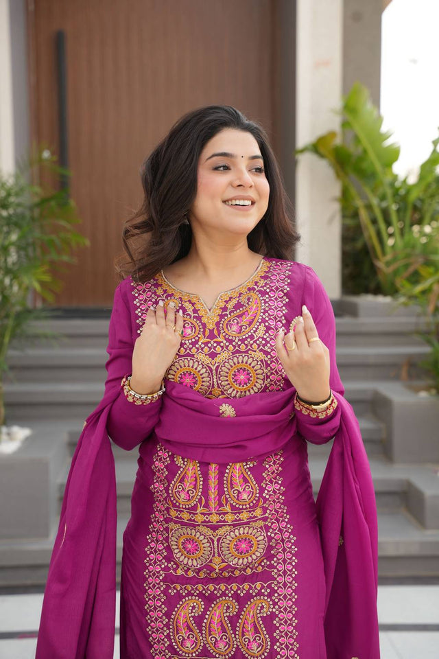 Magenta Sequin with Embroidered Chinon Straight Cut Suits