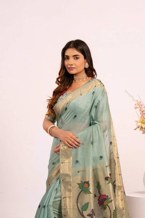 Turquoise Woven Cotton Saree