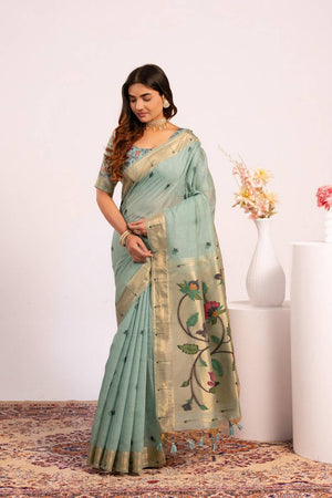 Turquoise Woven Cotton Saree