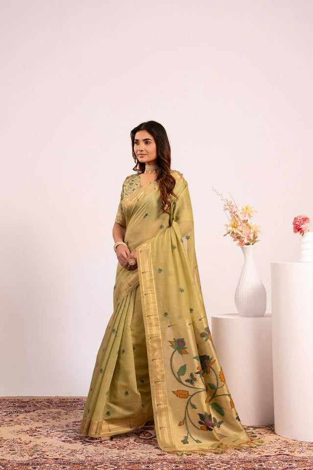 Green Woven Cotton Saree