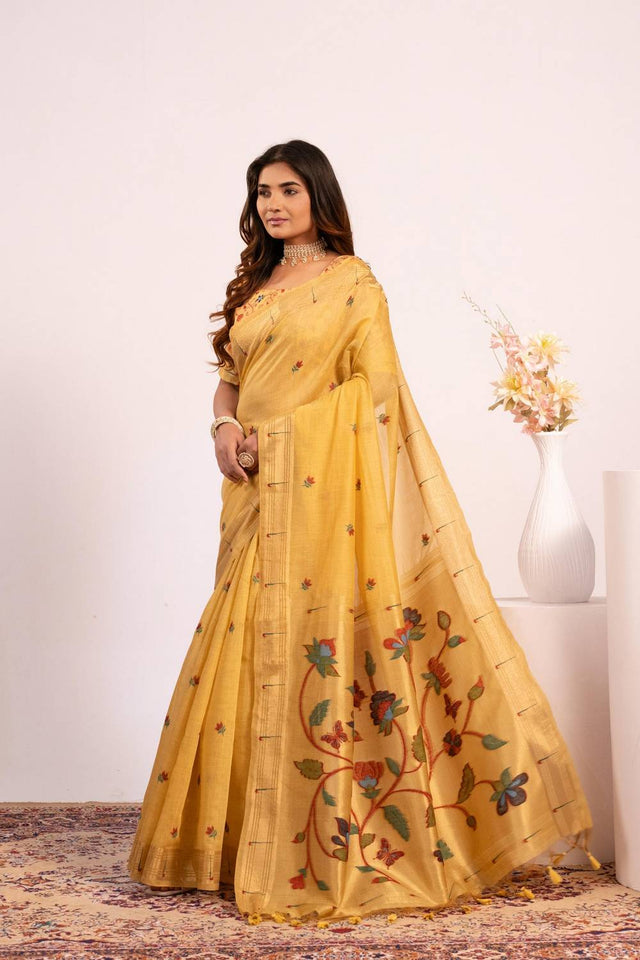 Yellow Woven Cotton Saree