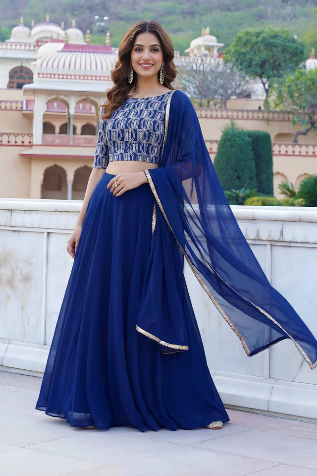 Blue Solid Georgette Lehenga